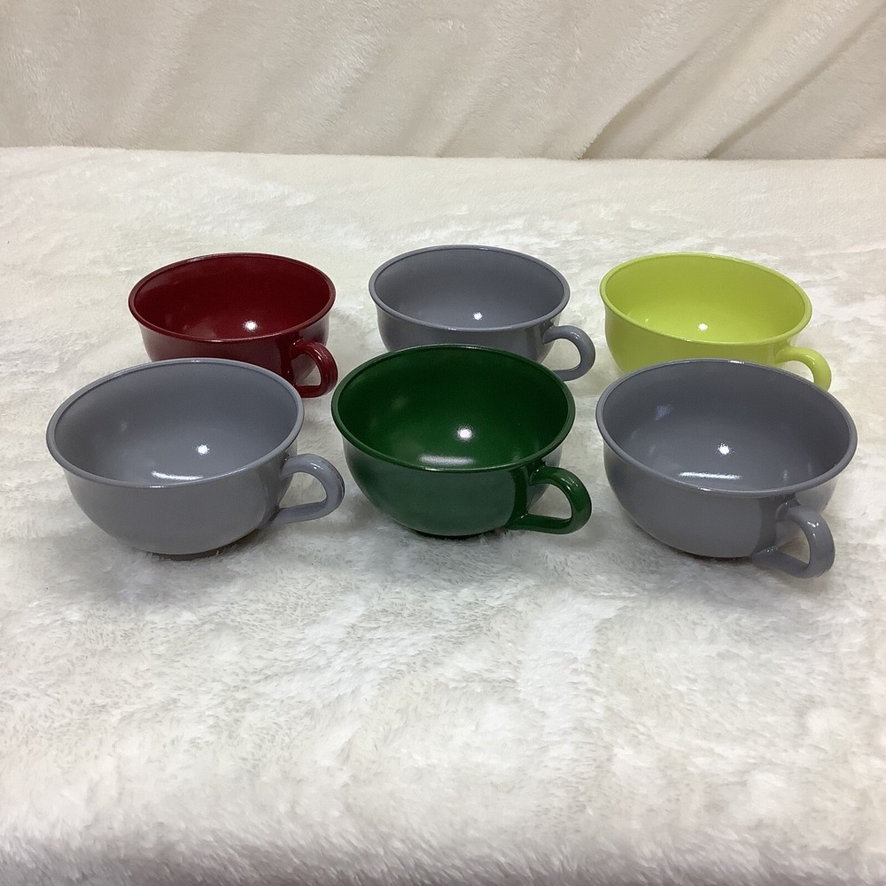 Hazel Atlas Ovide Platonite 6 Vintage Milk Glass Tea Cup Red Yellow Green Gray